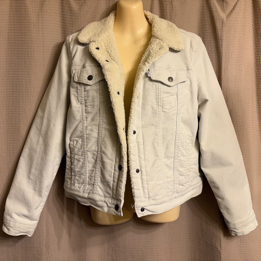 Ivory Denim Levi's Jean Jacket Sherpa Fleece Lining Women's XL